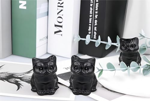 QINJIEJIE Black Obsidian Cat Decor Statue Carved Stone Figurine Healing Crystals Gift Natural Gemstone Home Sculpture Office Room Desk Decoration Sitting Black Cat Gifts for Men Stocking Stuffers - color: N-black Obsidian, size: 1.5 inches