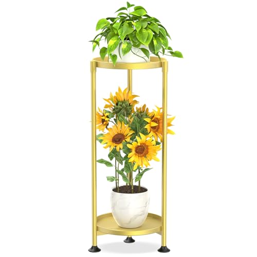 KMOTASUO 2 Tier Plant Stand Indoor for Large Tall Heavy Duty Planter, Multiple Sturdy Metal Flower Corner Rack for Narrow House Floor, Iron Vertical Level Round Orchi Holder Organizer, Gold - color: Gold, size: 2 Tier