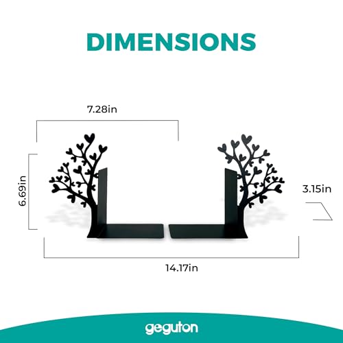 Tree Bookends with Heart-Shaped Leaves - Steel with Epoxy Coating and Wood Base - Decorative Pair of Book Holders for Shelves and Desk - Black – Geguton - color: Flower-heart Tree - Black