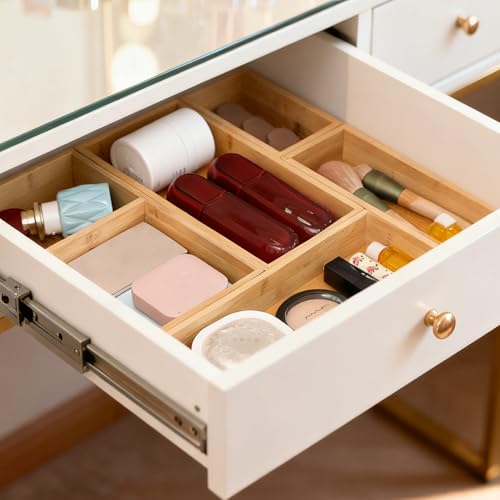 Vincona Bamboo Drawer Organizers Set, 3PCS Multi-Use Wood Storage Organizers, Desk Drawer Tray for Kitchen, Bathroom, Office, Dresser, Bamboo Box Bin for Jewelry, Makeup, Junk, Gadgets - size: 3 Grids