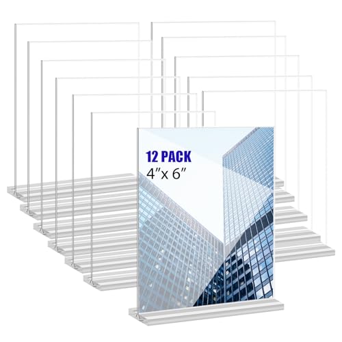 KOOLDE Acrylic Sign Holder 4x6 Inches 12 Pack T Shape Desktop Display Stand Vertical Double Sided Clear Table Menu Flyer Holder for Restaurants, Office, Shop, Wedding - color: 12 pack