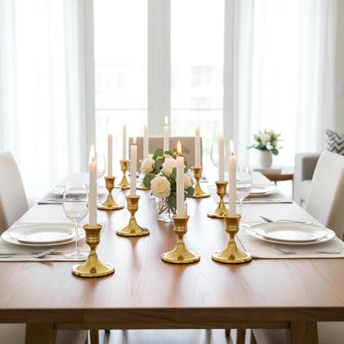 12PCS Brass Gold Taper Candle Holders Set, Vintage Metal Brass Candlestick Holders for for Dinner Room Table Centerpiece Mantel Wedding Christmas Birthday Party Holiday Dinning Table Decor