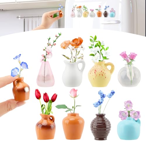 Cute Mini Ceramic Vase Magnets for Fridge, Funny Mini Plant Magnets, Flowers Pot Refrigerator Magnets Tiny 3D Plant Vase for Refrigerator Decoration Kitchen Locker Office (8 Pack)