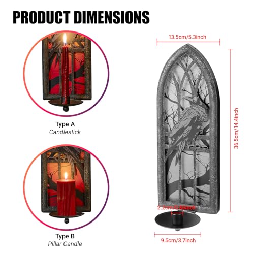 Gothic Wall Candle Sconces Set of 2, Wrought Iron Crow Wall Mounted Candelabra Holder with Removable Trays for Taper & Pillar Candles, Medieval Cathedral Window Design, Dark Academia Decor - color: Crow