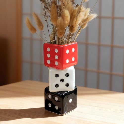 Tnstbiee Triple Dice Vase - Unique Ceramic Small Vase with Wide Mouth | Modern Decorative Flower Vase for Living Room | Perfect for Fresh,Pampas Grass,Roses & Utensils | Ideal Gift for Art Enthusiasts - color: Red, White and Black Dice Vase