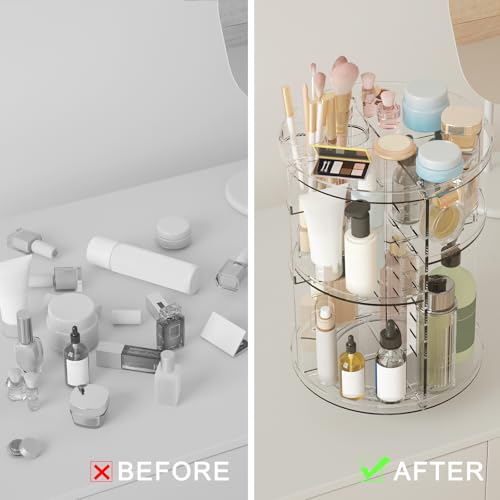 Rotating Makeup Organizer, DIY 8 Adjustable Layers Spinning Skincare Organizer, Cosmetic Display Case with Brush Holder Perfume Tray, Multi-Function Storage Carousel for Vanity Bathroom Countertop - color: Clear