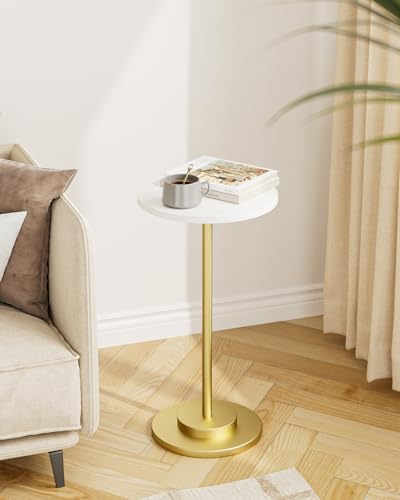 Masupu Drink Table, Round Side Table for Small Spaces, Pedestal Side Table, Small End Table with Metal Base, for Living Room, Bedroom, Bathroom, White Gold - color: 01.white Gold
