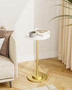 Masupu Drink Table, Round Side Table for Small Spaces, Pedestal Side Table, Small End Table with Metal Base, for Living Room, Bedroom, Bathroom, White Gold - color: 01.white Gold