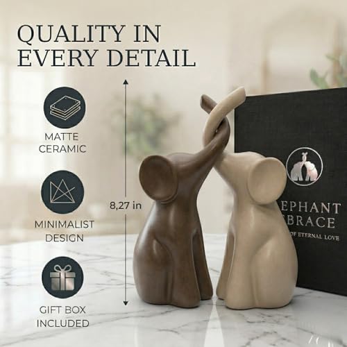 Loving Elephant Couple Figurines – Set of 2 Modern Ceramic Elephant Sculptures in Ivory & Brown, Minimalist Home Decor for Shelves & Tables, 8.27” Tall