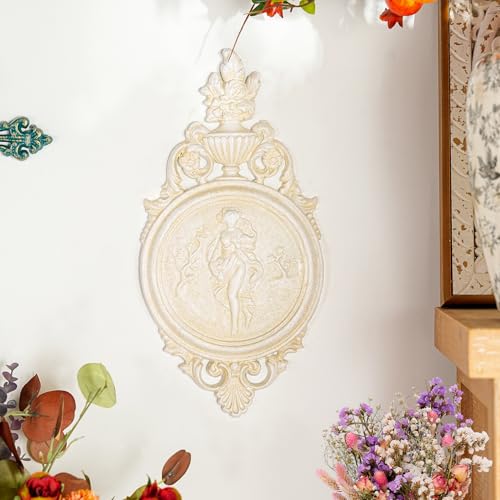 Sungmor Ornate Cast Iron Wall Art Plaque – Classical Woman Relief in French Country Style, Decorative Wall Sculpture - Vintage Hanging Décor for Home, Garden, or Patio – Antique White Finish - color: Vintage White & B