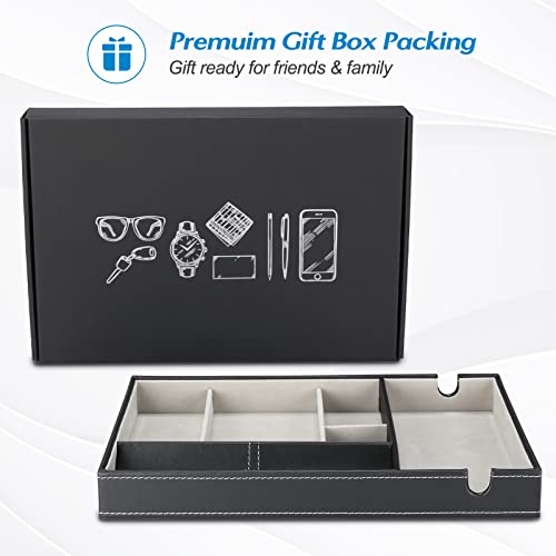 ProCase 1 Layer Valet Tray for Men, PU Leather Nightstand Organizer with Charging Slot for Bedside Table Desk Top -Black