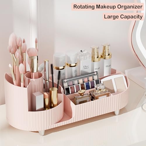Pink Rotating Vanity Organizer with Brush Holder - Large Spinning Cosmetic Storage, Countertop Makeup & Skincare Organizer, Perfume & Lotions Display Case - color: Pink