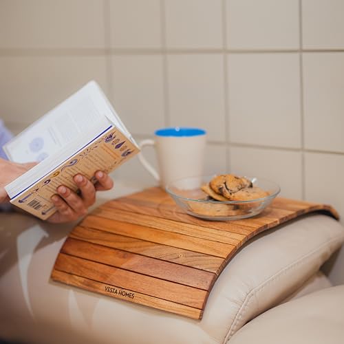 Vesta Homes Sofa Armrest Tray |Premium Acacia Wood | Flexible and Foldable Sofa Tray, Couch Arm Table and Armrest |Suitable for Food/Drinks/Snacks/Cup Coaster | 17 * 11 Inches | Handcrafted in India - style: Sofa Arm Tray
