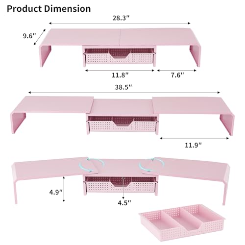 LEKETREE Dual Monitor Stand Riser with Drawer, Desk Organizer and Accessories, Pink Monitor Stand for Desk, Desktop Stand for Computer, Laptop, TV and More (Pink) - color: Pink