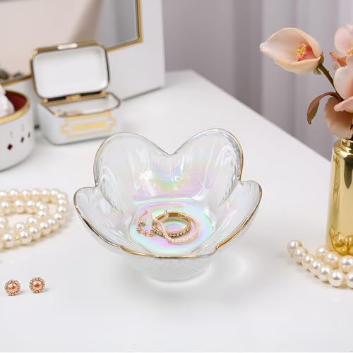 Rainbow Flower Ring Dish Jewelry Tray, Small Glass Trinket Tray for Rings Earrings, Present for Wife Mom Daughter Women - color: crystal rainbow color