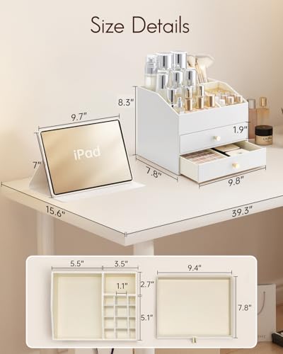 VLANDO Makeup Organizer for Vanity,Large Capacity Countertop Organizer with Drawers, PU Leather Cosmetic Display Case for Lipstick,Brushes,Skincare,Nail polish and Bedroom Storage (White) - color: 3 layers-White