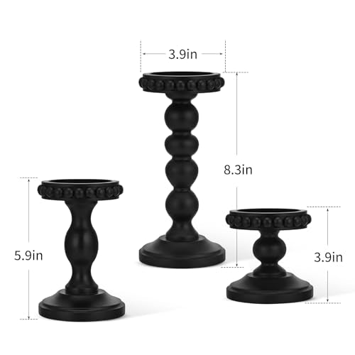 Mumufy 3 Pcs Candle Holders for Pillar Candles Rustic Farmhouse Home Decor Decorative Washed Beaded White Black Wood Candle Holder Country Style for Table Mantel Fireplace Wedding(Black,Small) - color: Black, size: Small