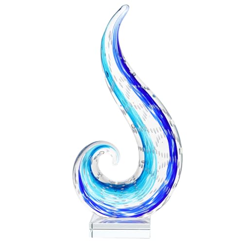 Luxury Lane Hand Blown Ocean Wave Sommerso Art Glass Sculpture for Home Decor 12 inch Tall Centerpiece Table Decoration - size: 12"