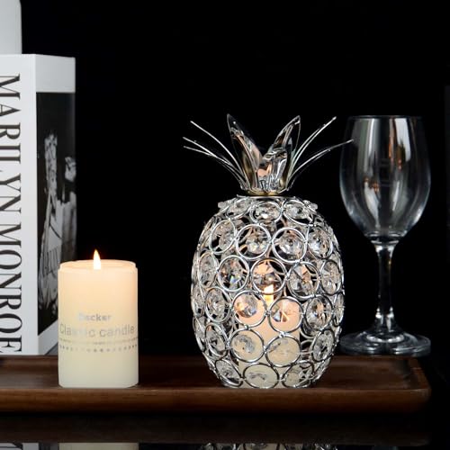 Set of 3 Crystal Metal Pineapple Pear Table Centerpiece Handmade Crystal Candlestick Hollow Fruit Ornament Home Party Wedding Holiday Bar Decoration (Silver, Set of 3) - color: Silver