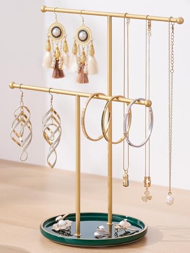 Gold Jewelry Holder Stand with Ceramic Tray: Small Hanging Necklace Organizer Tree for Earrings, Bracelets, Rings – Jewelry Display Hanger for Women & Girls, Green - color: green tray gold bar