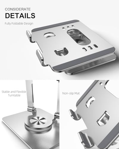 Orlian Tablet Stand Holder with Thickened 360°Rotating Base Dual Rod Adjustable Aluminum Stand for All 5.8-12.9” iPad Samsung Phone Tablet Kindle E-Reader and More, Silver - color: Silver