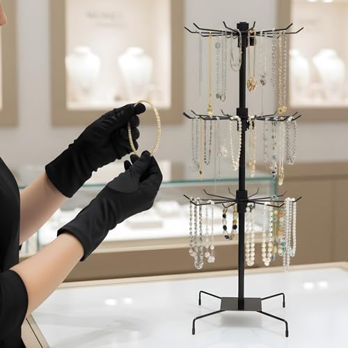 COMNICO 2 Pcs Retail Display Stand, 3-Tier Rotating Rack Black Metal Necklace and Bracelet Organizer Jewelry Stand Heavy Duty Adjustable Countertop Stands for Retail Earring Keychains Jewelry