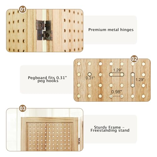 Pegboard Display, 5.6Ft Wooden Room Divider Folding Privacy Screens Portable Freestanding Wall Organizer for Retail Craft Art Display Board (4panels, Natural) - color: Natural, size: 4 Panels