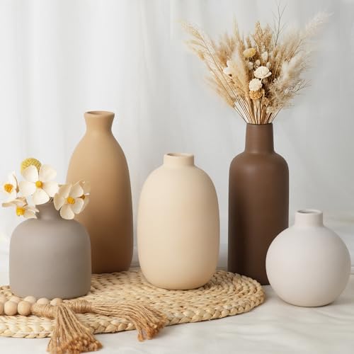 Modern Ceramic Vase Set of 5, Vases Home Decor Rustic Farmhouse Decorative Vase Pottery Vases for Bouquet Pampas Grass Dried Fresh Flowers, Table Living Room Kitchen Bedroom - color: 5 Pack-soft Tones