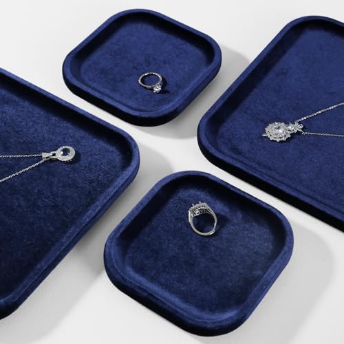 Resilient Velvet Jewelry Display Tray for Ring Earrings Bracelet Necklace, Flat Jewellery Dish for Showcase Store Retail Counter Exhibition Photography Livestream (Dark Blue, Large) - color: Dark Blue, size: Large