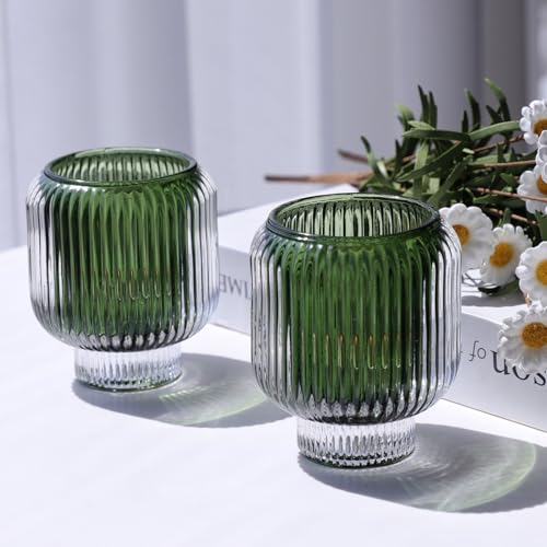 Woho Green Votive Candle Holders Set of 2(3.5" H x 3.1" W), Ribbed Tealight Candle Holder Vintage for Christmas Dinner Table, Reversible Tea Lights Candle Holder Glass for Living Room Home Decor - color: Green