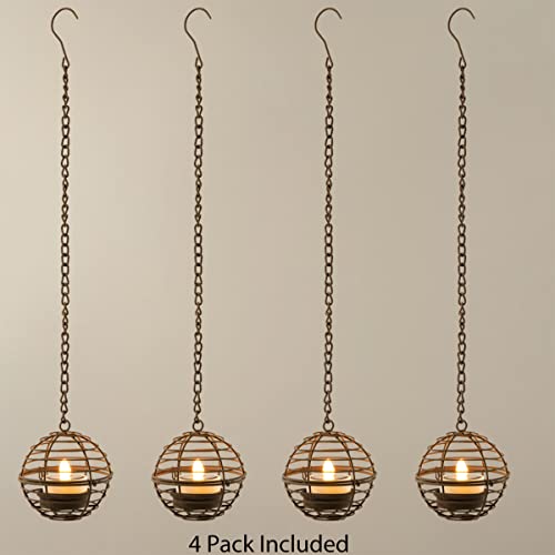Solar Hanging Lanterns Outdoor Waterproof, Rust Iron Ball Candle Holder with Flickering Solar Powered Tea Lights, Perfect Chargeable Solar Lights for Backyard Patio Garden Fence Tree Decoration-4Pack - style: 4PK Hanging Lights
