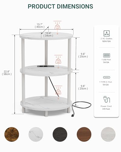 Small Round Side Table - 3-Tier Oval Accent Table for Small Spaces, Rustic Wood and Metal Nightstand for Living Room or Bedroom, with Built-in USB Ports and Power Outlet, Marble White - color: Marble White, size: 1-Pack, style: Includes Power Outlets