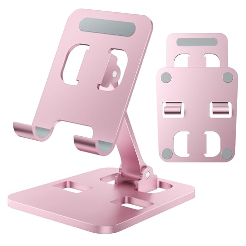 Phone Stand for Desk, Dual Folding Cell Phone Holder, Fully Adjustable Portable Mobile Phone Holder for iPhone 17 16 15 14 13 12 11 Pro Max Plus Air, Galaxy S25 S24, All Phones (Rose Gold) - color: Rose Gold