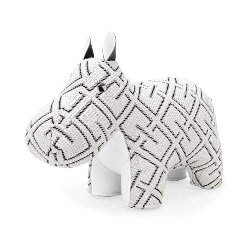 Zuny Artist Edition Classic Hippo Bookend, Kvadrat K-Grid White Checkered Textile Home Decor, Handmade Stitched Leather Heavy Duty Single Book Stopper for Shelves Desk, 10.4 x 4.3 x 7.4 - color: Hippo K-grid