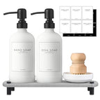 Kitchen Soap Dispenser Set with Instant Dry Tray,16 Oz Hand and Dish Soap White Glass Dispenser Set,Stainless Steel Pump,Waterproof Labels,Dish Brush,Luxury Soap Bottle for Kitchen,Bathroom - color: White Bottle+black Pump