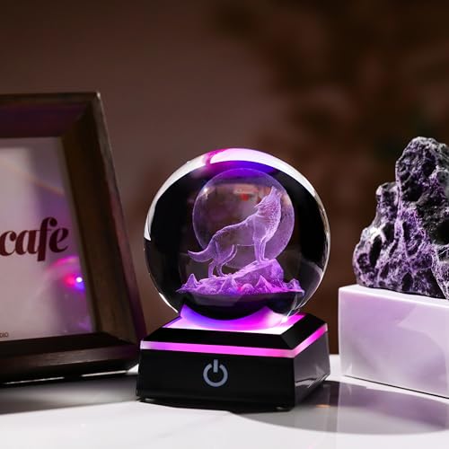 Qianwei Wolf Gifts: 3D Crystal Ball - 3.14'' Laser Decor Glass Animals Figurines Statue & Night Light - style: Wolf Moon