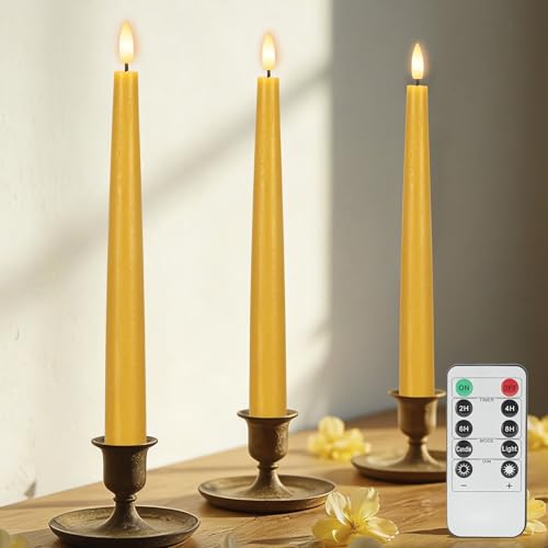 Yellow Flameless Taper Candles with Remote, 9.6 Inches Real Wax Battery Operated Candles, 3 Pack Flickering LED Candlesticks, Tall Taper Fake Candles for Home, Wedding, Party - color: Yellow