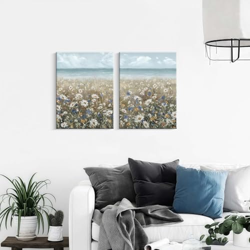 MochaMilly Framed Wall Art Bathroom Décor Boho Beach Coastal Vintage Floral Wall Picture Flower Daisy Flowers by Sea Canvas Print Nautical Small Artwork For Home Farmhouse Living Room Bedroom Office - color: Blue White, size: 24"x16"