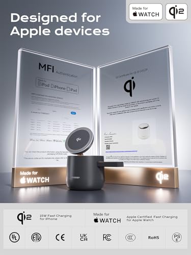 MFI Certified by Apple, 4 in 1 Magsafe Wireless Charging Station, Qi2 15W Magsafe Charger for iPhone 17/16/15/14/13/12 Series, iWatch, Airpods, iPad, 65W Charger Included (Black) - color: Black