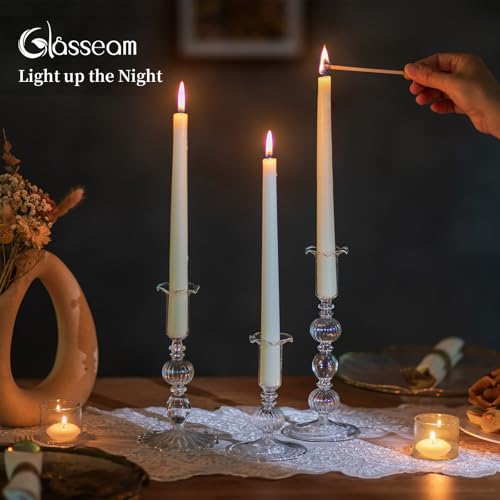 Glasseam Glass Tapered Candlestick Holders: Set of 3 Clear Candle Sticks Holder Decor with Bobeche Modern Ribbed Taper Candle Holders for Table Centerpiece Christmas Wedding Home Decorations - color: Clear