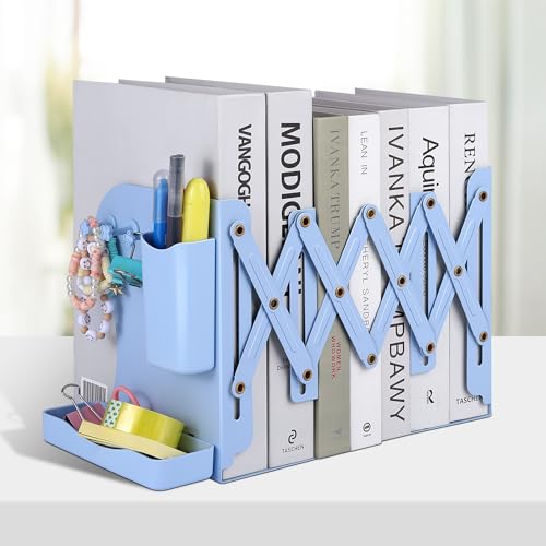 Honagu Adjustable Bookends, Metal Book Ends for Shelves Heavy Book, Bookend for Home, Office, Books, Papers, Book Stopper with Removable Hook, Pen Holder, Gifts for Students, Teachers（Light Blue） - color: Light Blue
