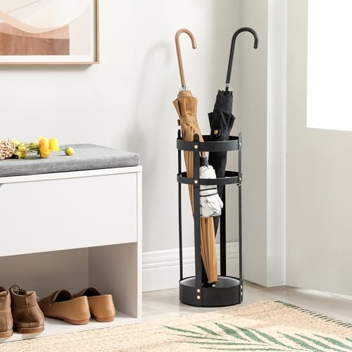 SONGMICS Umbrella Stand, Steel Round Umbrella Holder Rack, 7.7 x 7.7 x 21.7 Inches, with Detachable Drip Tray, for Entryway, Office, Stable, Assembly Required, Matte Black ULUC28BK - size: 7.7”D x 7.7”W x 21.7”H