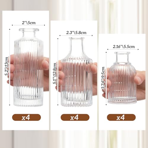 12 Sets Mini Small Vases for Flowers Bulk Glass Ribbed Bud Vases Set for Centerpiece Table Decorative Wedding Reception, Housewarming Gift Holiday Christmas