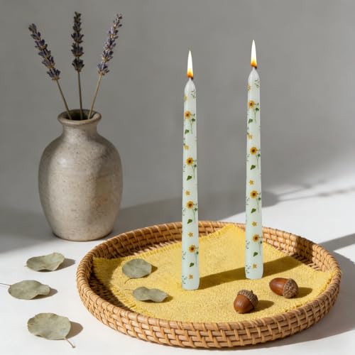 Taper Candles,10 inch 2pc Green Tapered Candles with Sunflower Printed, Unscented and Smokeless Long Burning Candles,Tall Candlesticks with Cotton Wicks,Ideal for Weddings, Home Décor - style: Sunflower