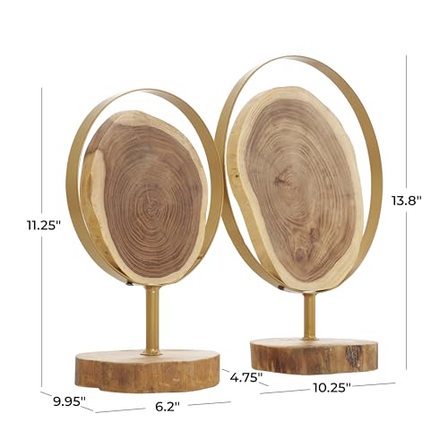 Deco 79 Wood Abstract Handmade Decorative Sculpture Live Edge Slab Home Decor Statues with Gold Metal Rings, Set of 2 Accent Figurines 14", 11"H, Brown - size: 14", 11"H