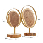 Deco 79 Wood Abstract Handmade Decorative Sculpture Live Edge Slab Home Decor Statues with Gold Metal Rings, Set of 2 Accent Figurines 14", 11"H, Brown - size: 14", 11"H