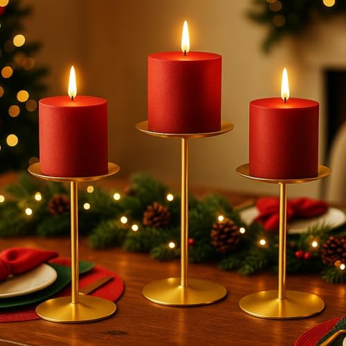 smtyle Gold Metal Candle Holder Sets for Pillar Candles Set of 3 Wedding Table Centerpiece Candle Holders, Minimalist Farmhouse Decor for Fireplace Mantel & Dining Room - color: Gold-p3