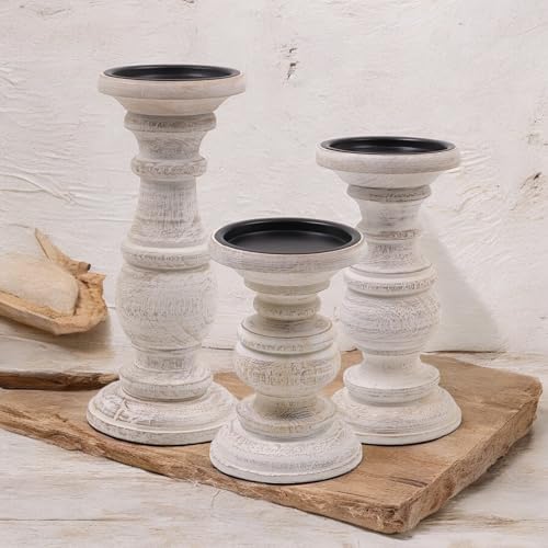Hosley Set of 3 Whitewashed Wooden Pillar Candle Holders – 10”, 8”, and 6” Heights – Ideal for LED and Pillar Candles, Weddings, Parties, Home Décor, Spa, Reiki, and Aromatherapy - color: White Wash