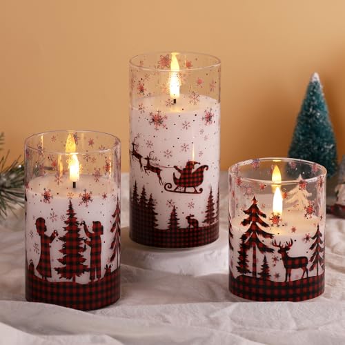 Eywamage Christmas Flameless Pillar Candles with Remote, Red Buffalo Plaid Table Decor, Flickering LED Pillar Candles Set of 3 - color: Red Buffalo Plaid