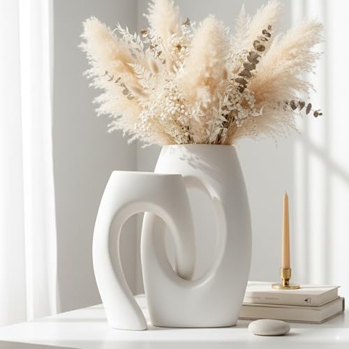 Ceramic Vase Set of 2 by DecoVlog, White Hollow Living Room Decor Vase, Minimalist Decorative Modern Boho Vase for Table Centerpiece Wedding Dining Living Room Office House Decoration - color: White
